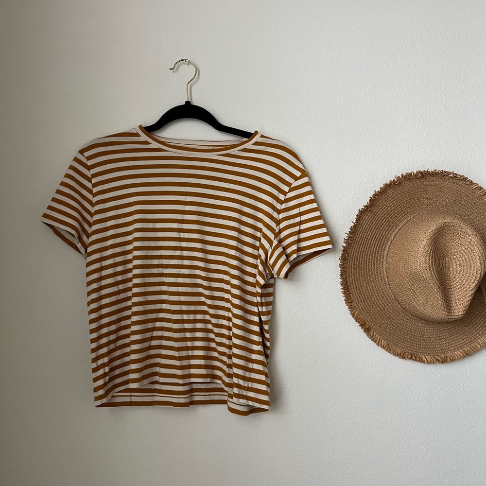 Everlane Organic Cotton Box Cut Tee, Mustard and White, Size Small
